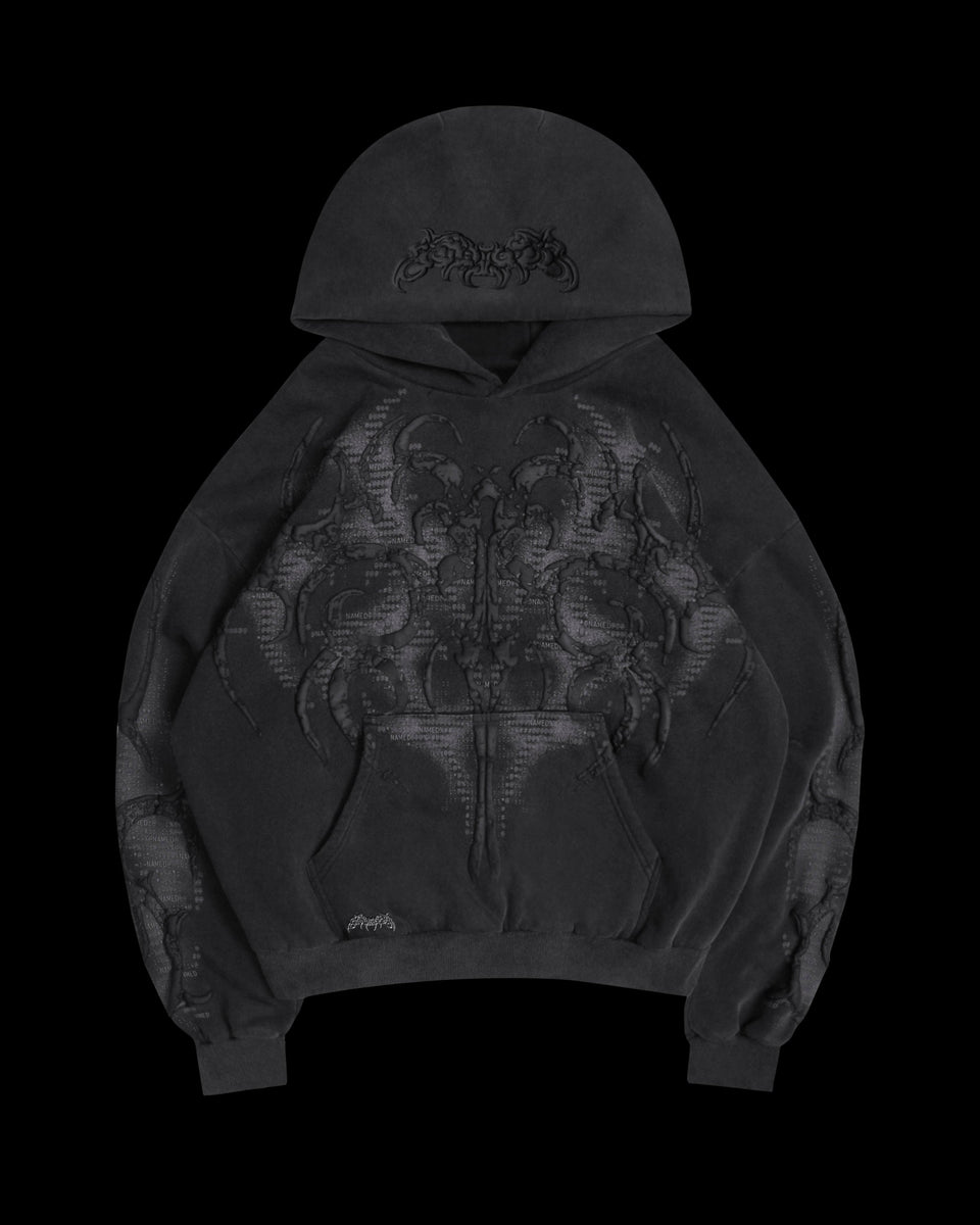 NAMED COLLECTIVE® EUPHORIA PUFF PRINT HOODIE in washed charcoal with glossy baroque chest, sleeve & hood prints.