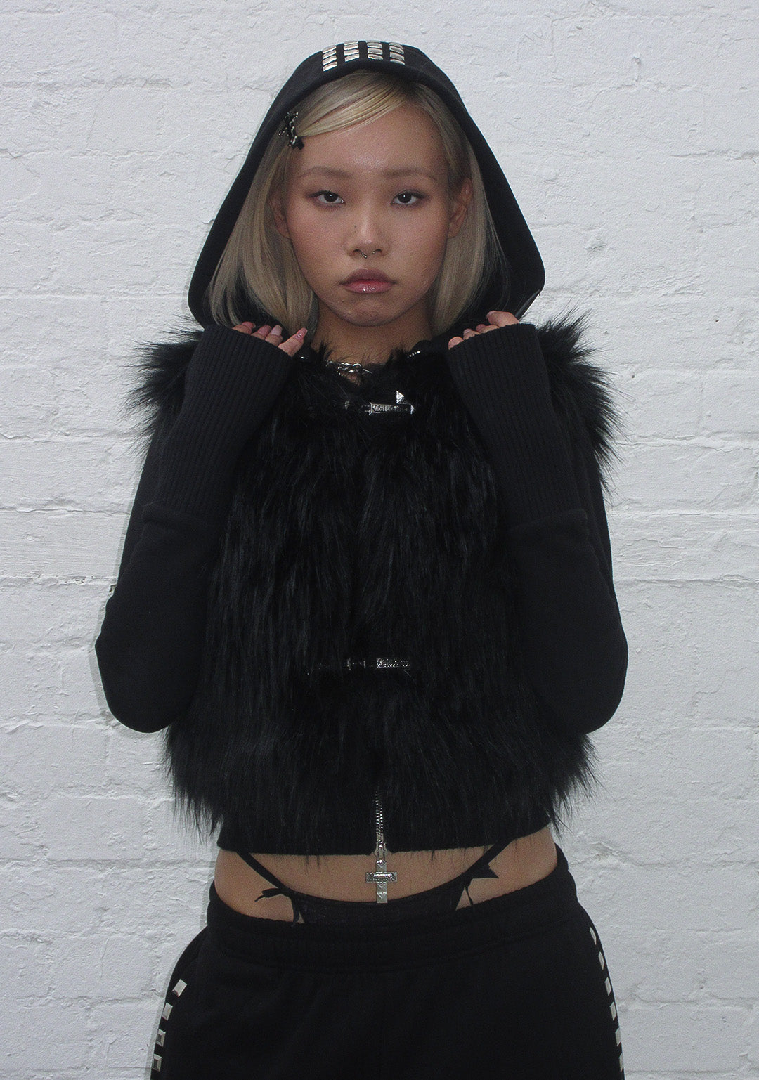 FAITHFUL FAUX FUR VEST AND FITTED ZIP HOODIE TWO PIECE SET BLACK