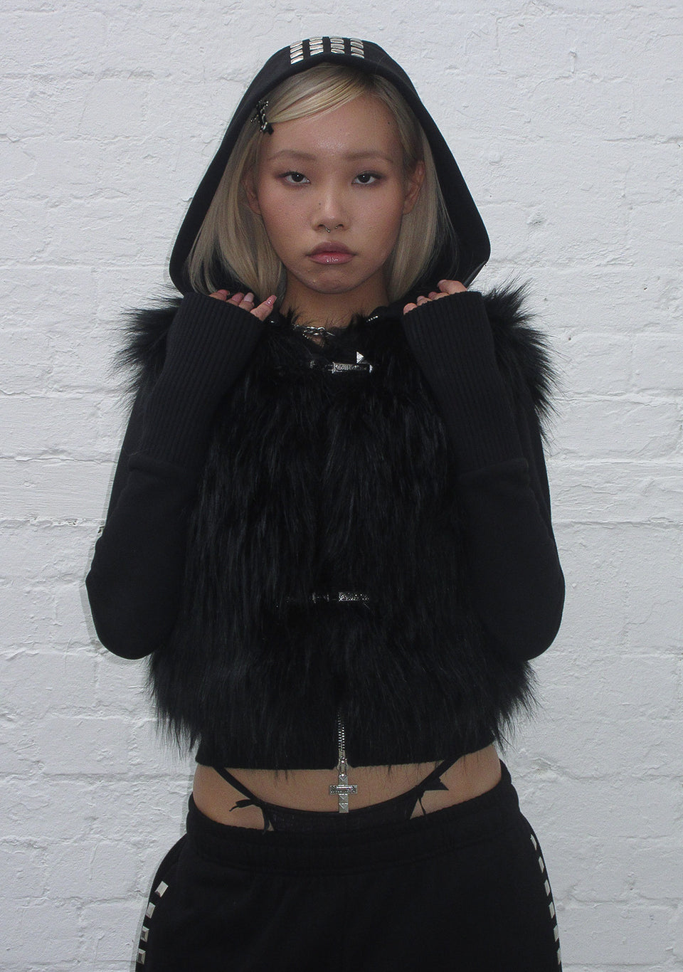FAITHFUL FAUX FUR VEST AND FITTED ZIP HOODIE TWO PIECE SET BLACK