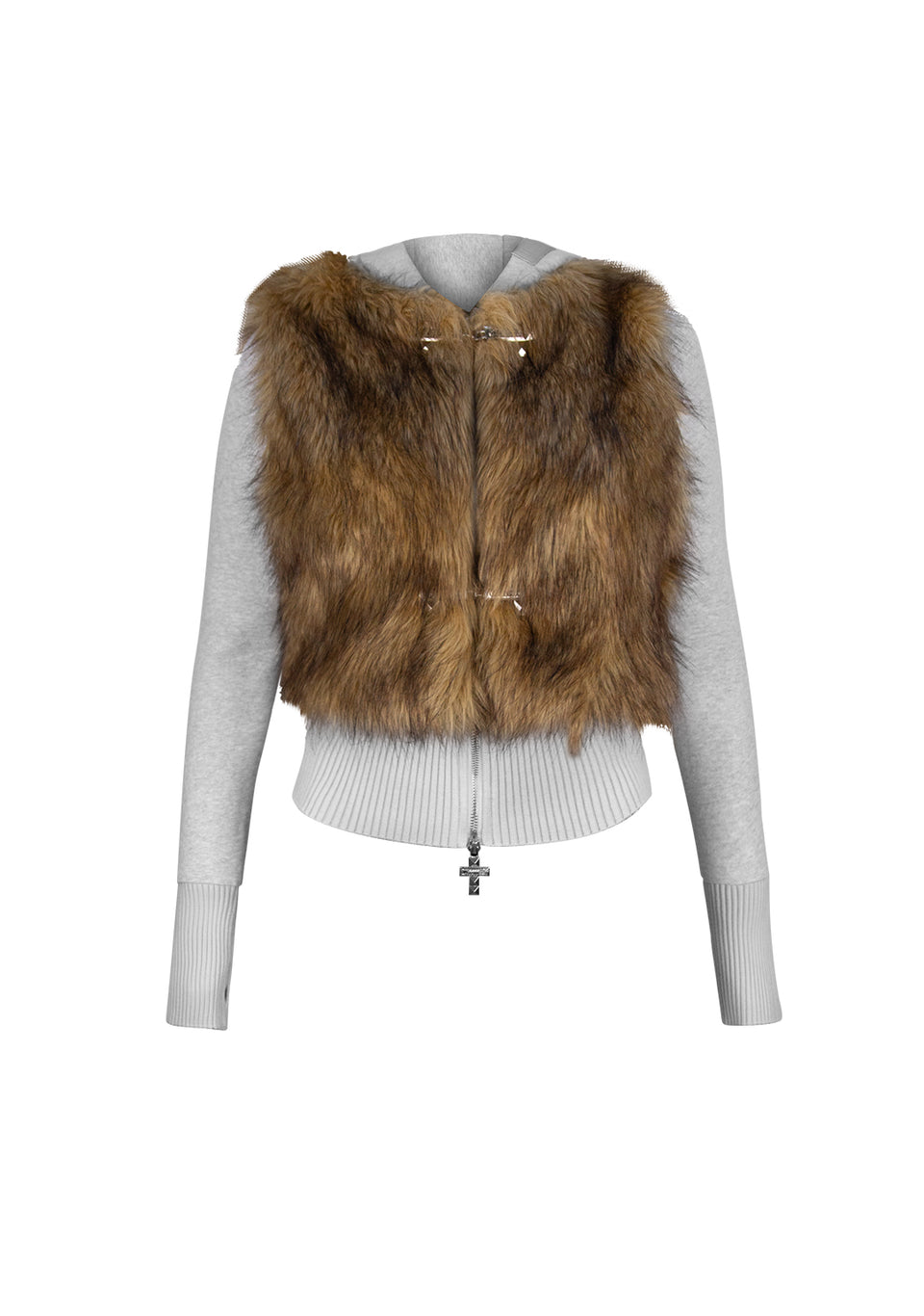 FAITHFUL FAUX FUR VEST AND FITTED ZIP HOODIE TWO PIECE SET GREY MARL