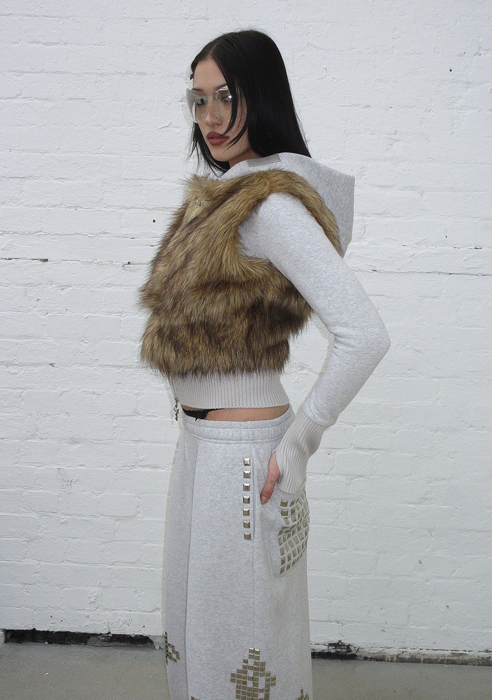 FAITHFUL FAUX FUR VEST AND FITTED ZIP HOODIE TWO PIECE SET GREY MARL