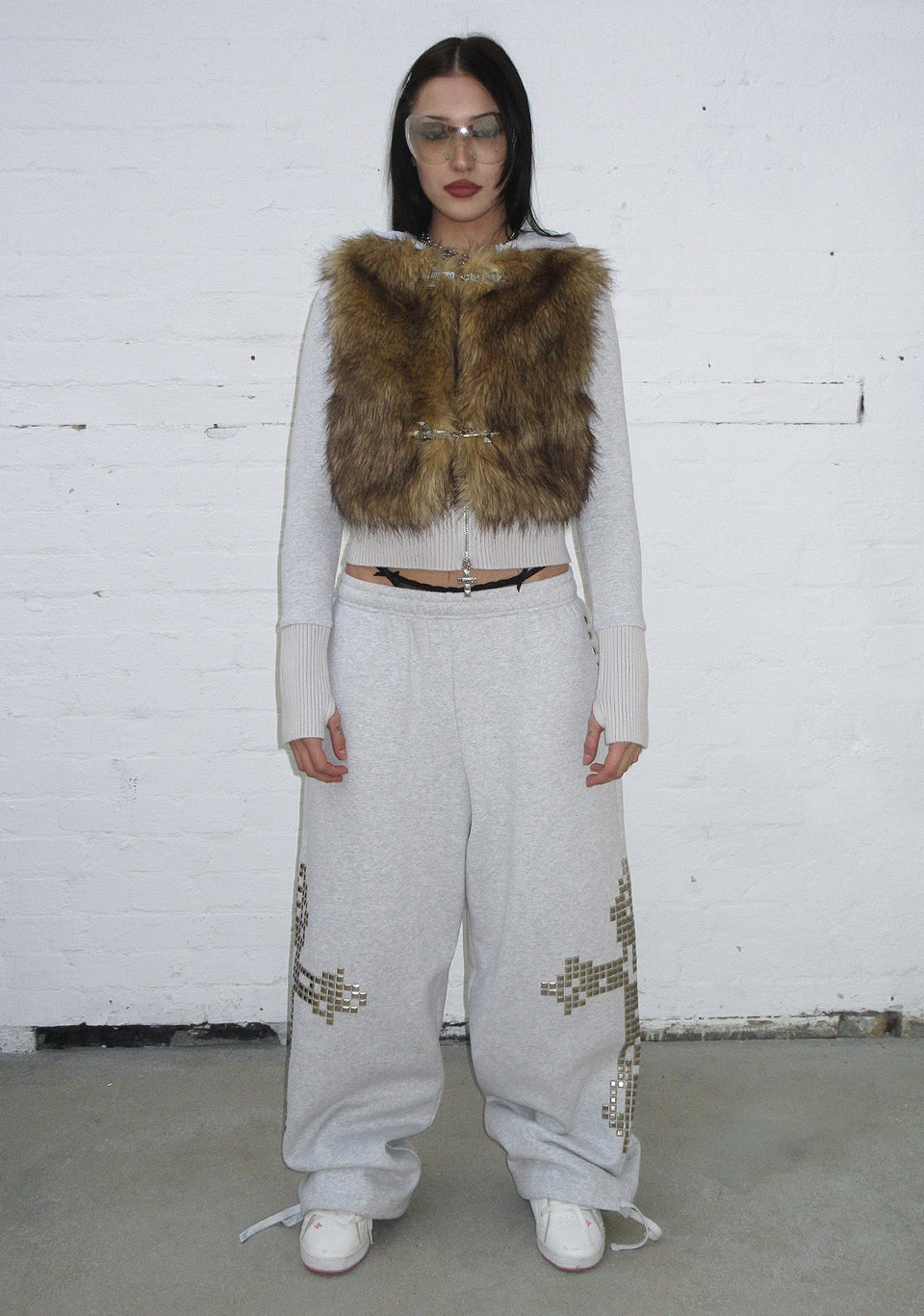 FAITHFUL FAUX FUR VEST AND FITTED ZIP HOODIE TWO PIECE SET GREY MARL