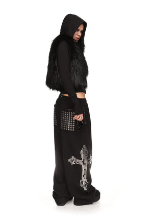 FAITHFUL FAUX FUR VEST AND FITTED ZIP HOODIE TWO PIECE SET BLACK