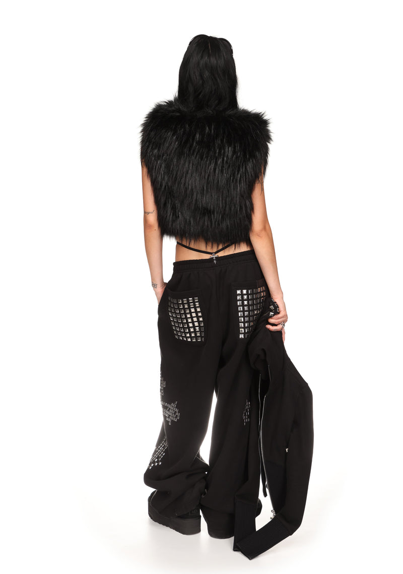 FAITHFUL FAUX FUR VEST AND FITTED ZIP HOODIE TWO PIECE SET BLACK