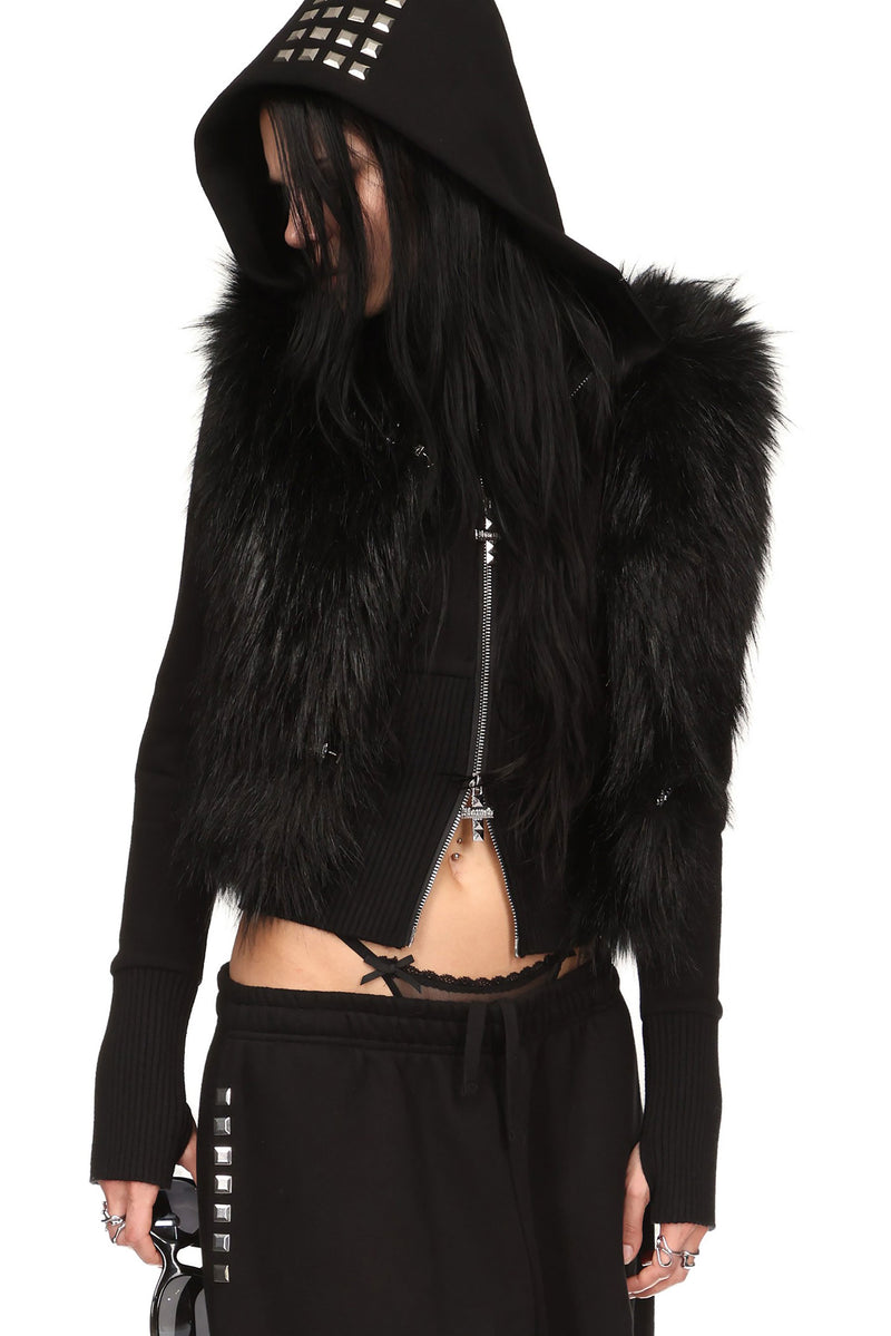 FAITHFUL FAUX FUR VEST AND FITTED ZIP HOODIE TWO PIECE SET BLACK