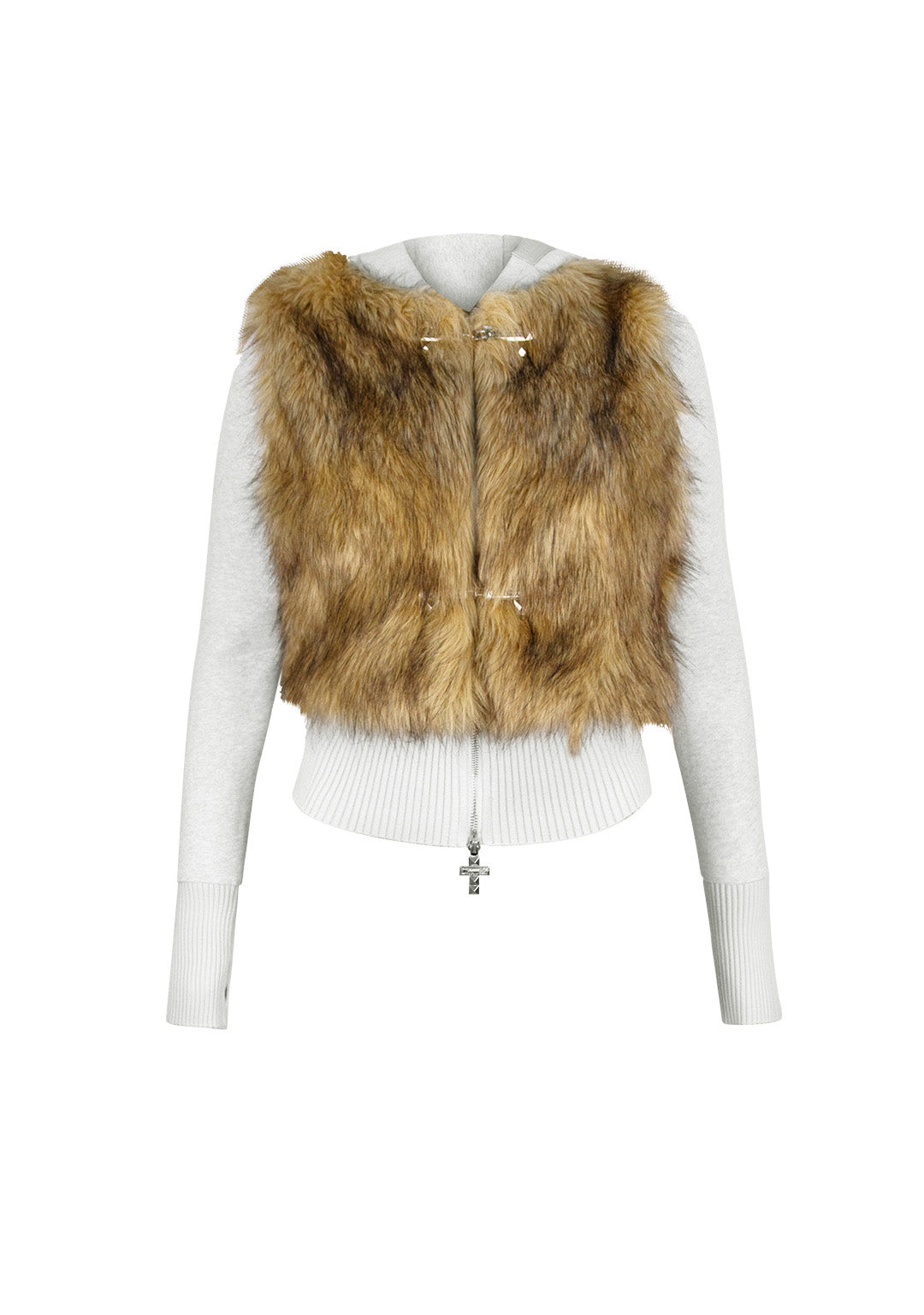 FAITHFUL FAUX FUR VEST AND FITTED ZIP HOODIE TWO PIECE SET GREY MARL