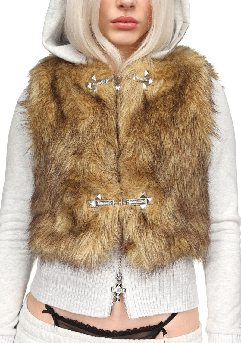 FAITHFUL FAUX FUR VEST AND FITTED ZIP HOODIE TWO PIECE SET GREY MARL
