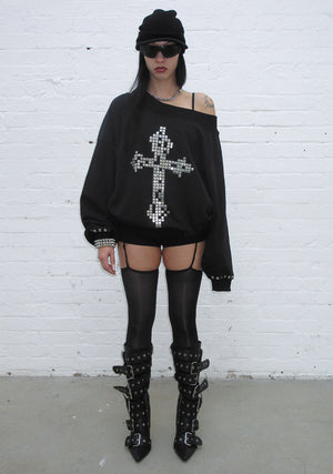 FAITHFUL STUDDED OFF THE SHOULDER SWEATER BLACK