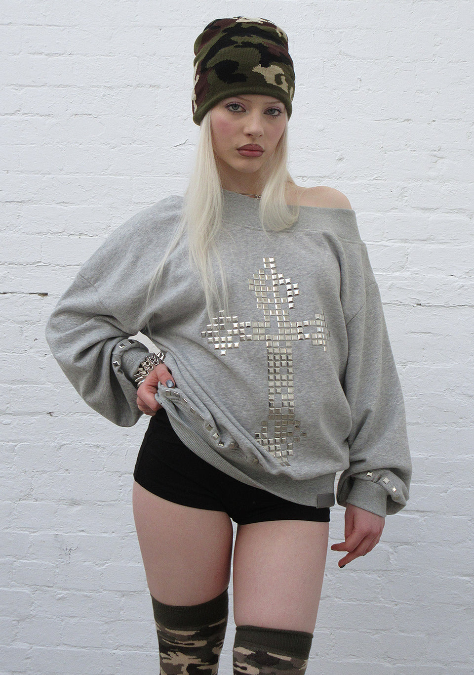 FAITHFUL STUDDED OFF THE SHOULDER SWEATER GREY MARL