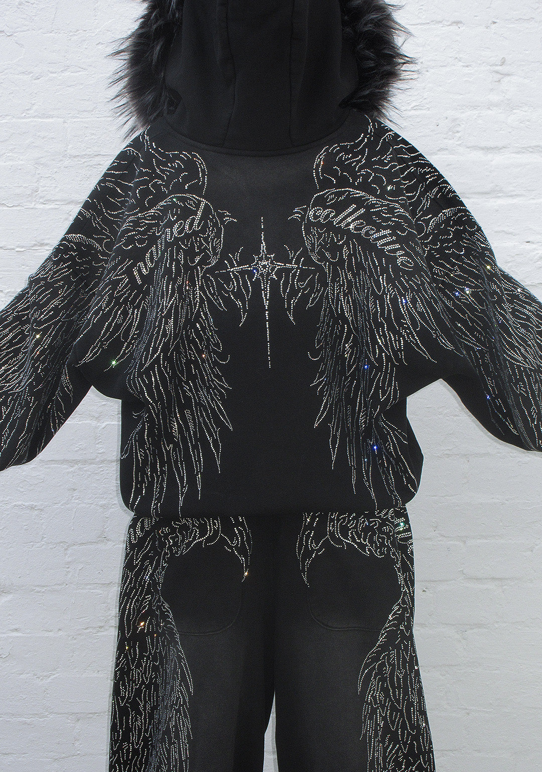 FALLEN FAUX FUR RHINESTONE ZIP HOODIE WASHED BLACK (DETACHABLE FUR)