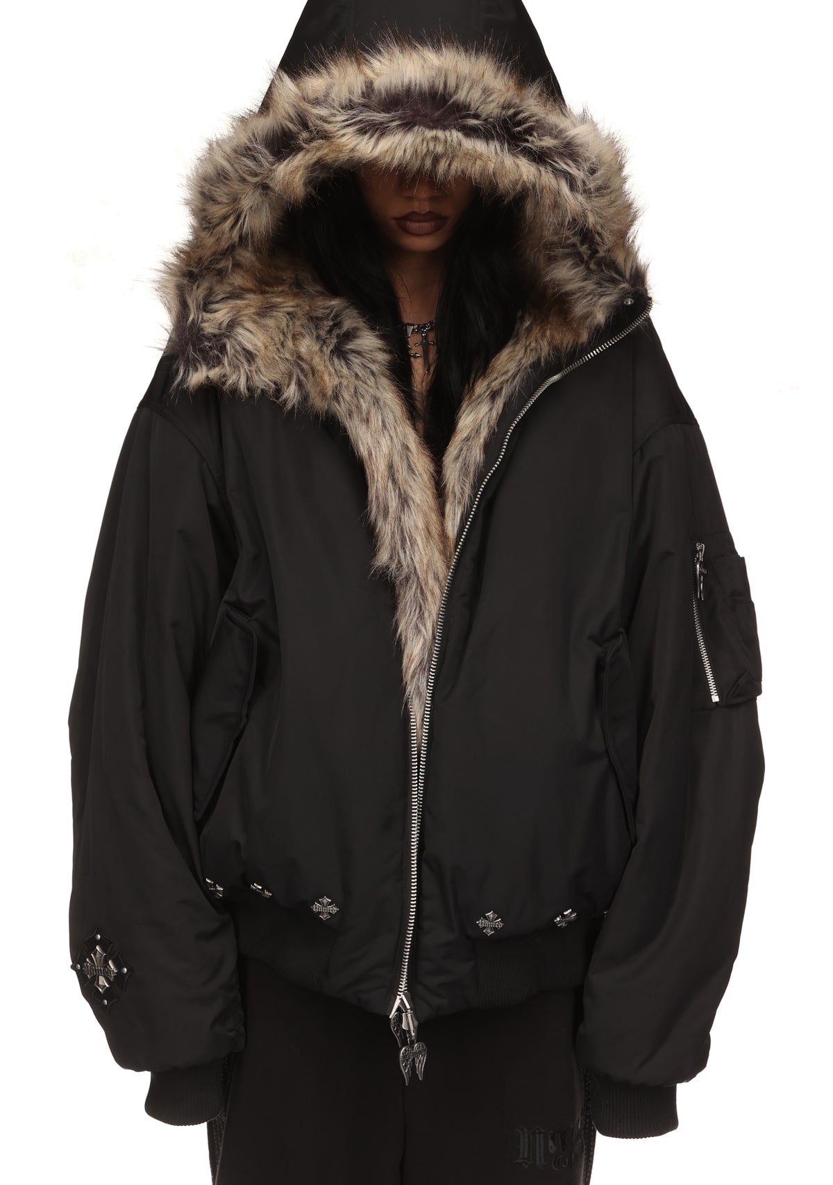FALLEN FAUX FUR REVERSIBLE BOMBER JACKET BLACK AND NATURAL