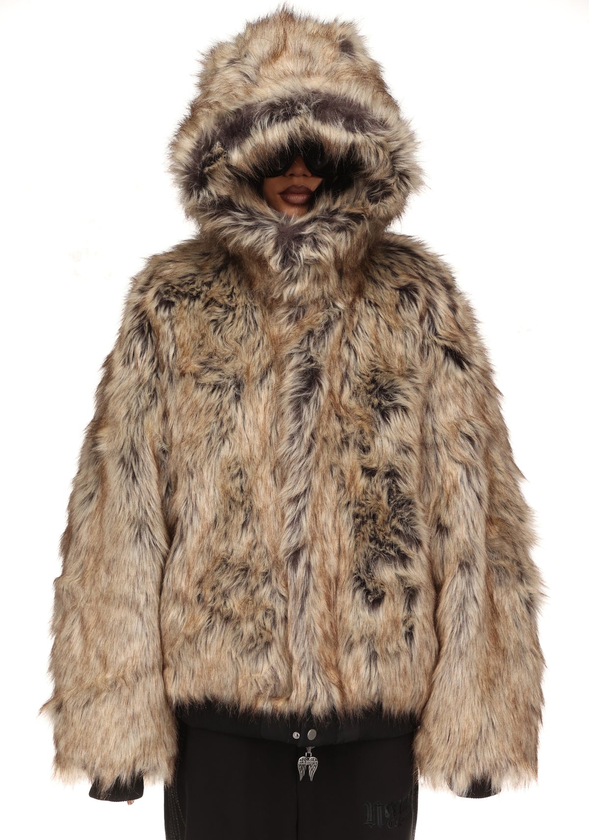 FALLEN FAUX FUR REVERSIBLE BOMBER JACKET BLACK AND NATURAL