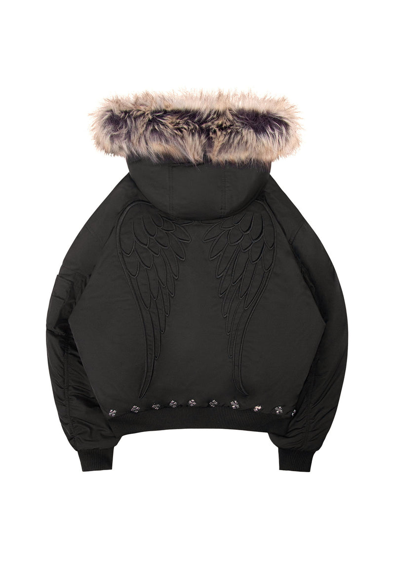 FALLEN FAUX FUR REVERSIBLE BOMBER JACKET BLACK AND NATURAL