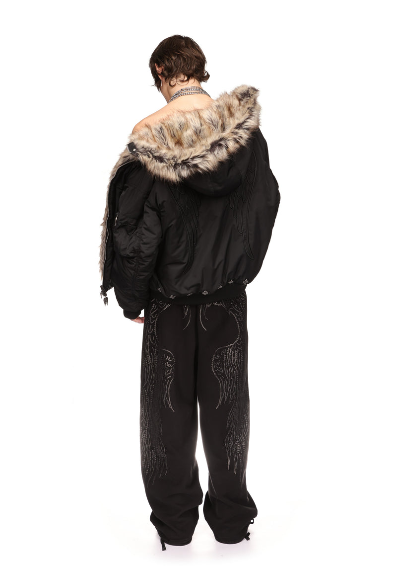 FALLEN FAUX FUR REVERSIBLE BOMBER JACKET BLACK AND NATURAL