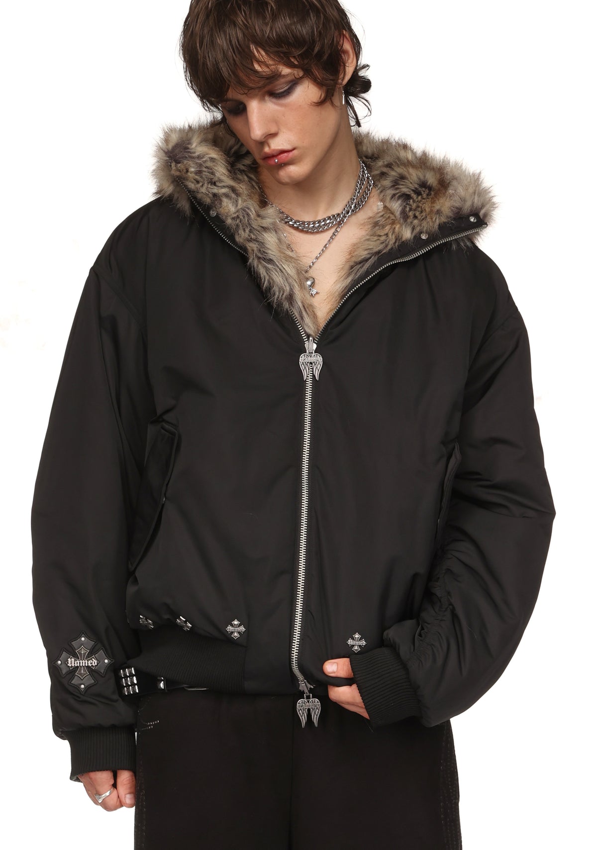 FALLEN FAUX FUR REVERSIBLE BOMBER JACKET BLACK AND NATURAL