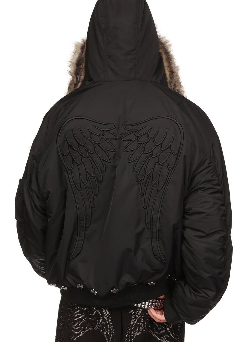 FALLEN FAUX FUR REVERSIBLE BOMBER JACKET BLACK AND NATURAL