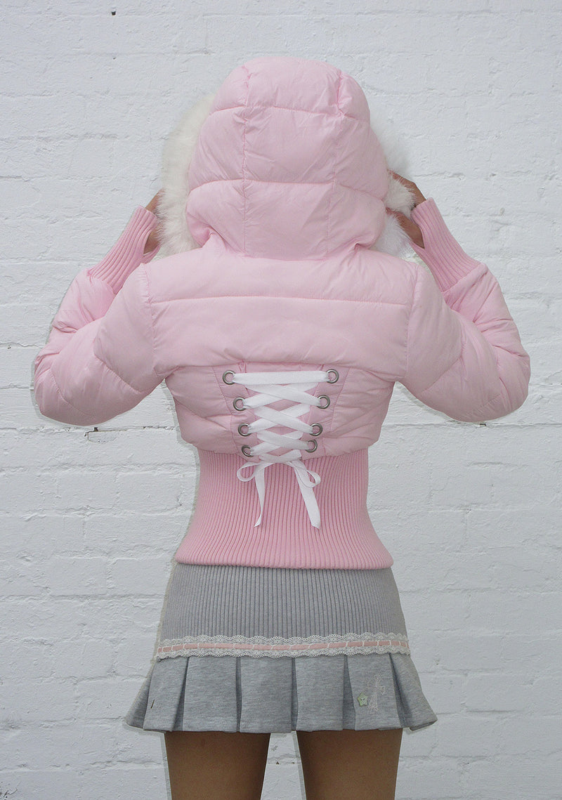 FALLEN FAUX FUR REVERSIBLE RIB PUFFER JACKET BABY PINK AND WHITE