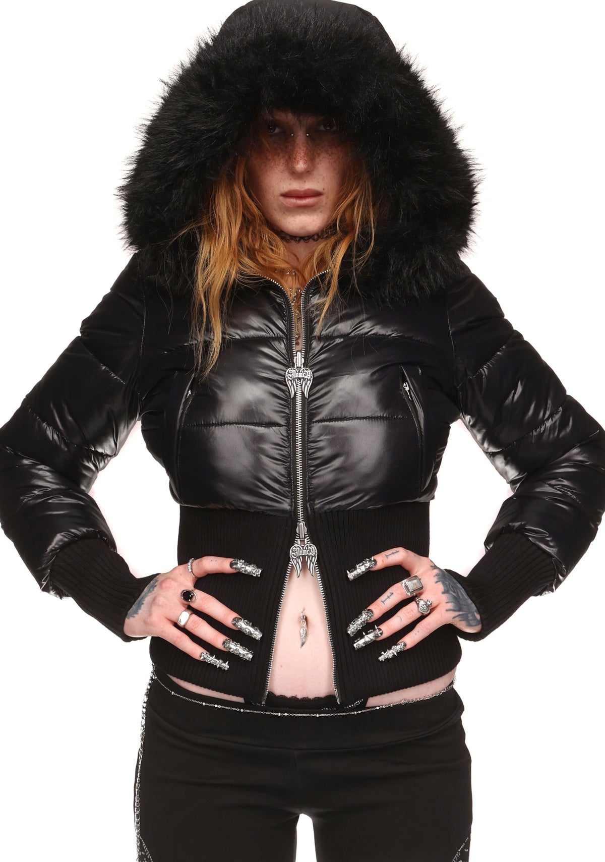 FALLEN FAUX FUR REVERSIBLE RIB PUFFER JACKET BLACK