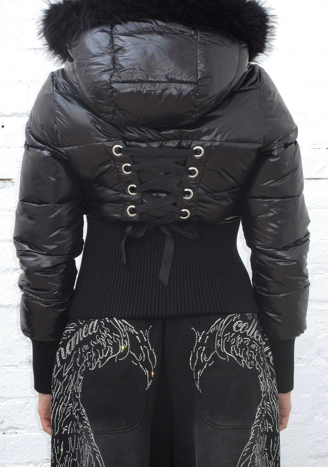 FALLEN FAUX FUR REVERSIBLE RIB PUFFER JACKET BLACK