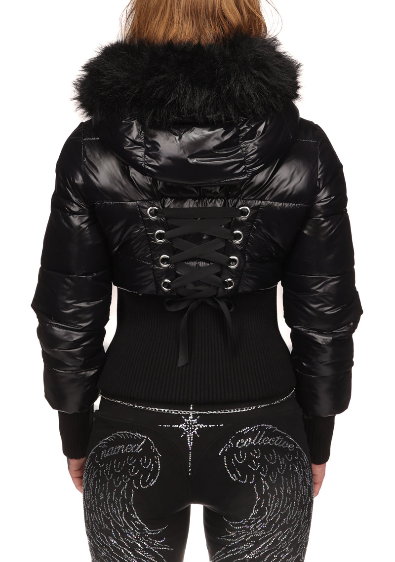 FALLEN FAUX FUR REVERSIBLE RIB PUFFER JACKET BLACK