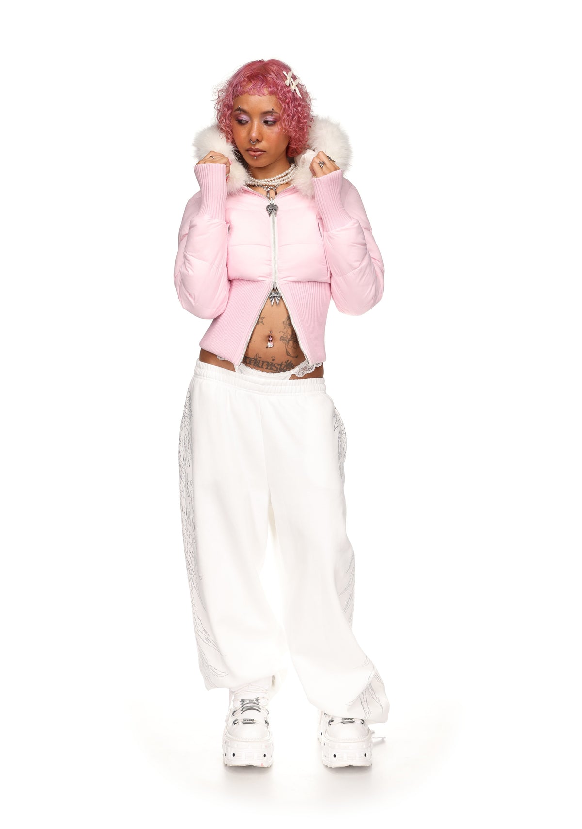 FALLEN FAUX FUR REVERSIBLE RIB PUFFER JACKET BABY PINK AND WHITE