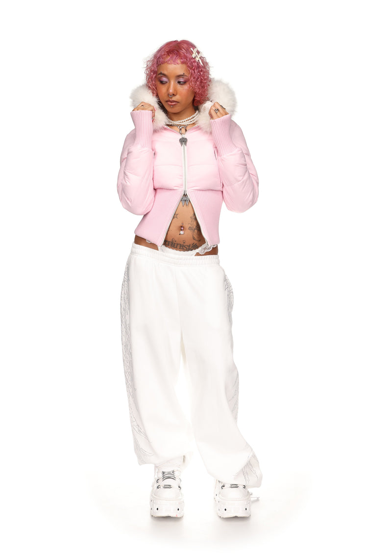 FALLEN FAUX FUR REVERSIBLE RIB PUFFER JACKET BABY PINK AND WHITE