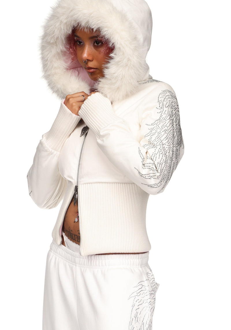 FALLEN FAUX FUR REVERSIBLE RIB PUFFER JACKET BABY PINK AND WHITE