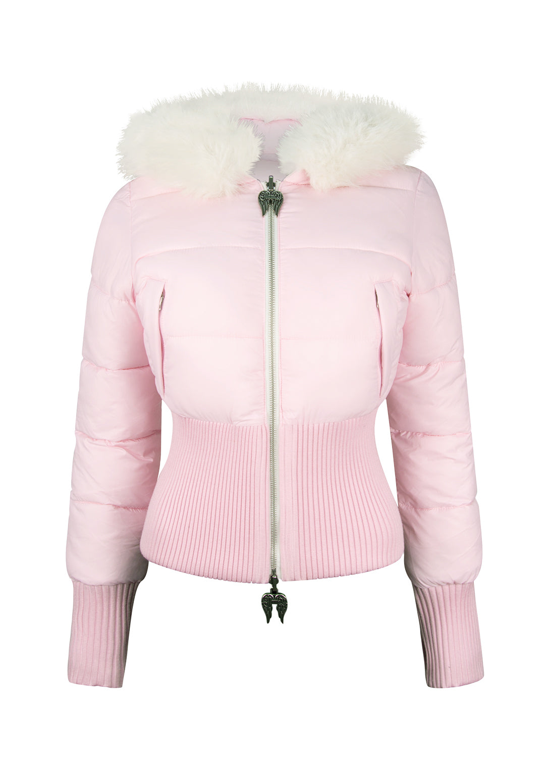 FALLEN FAUX FUR REVERSIBLE RIB PUFFER JACKET BABY PINK AND WHITE