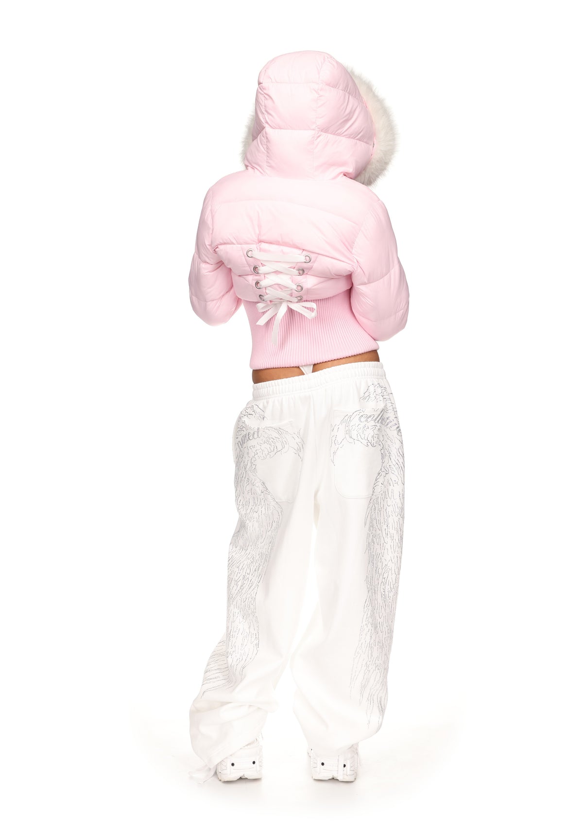 FALLEN FAUX FUR REVERSIBLE RIB PUFFER JACKET BABY PINK AND WHITE