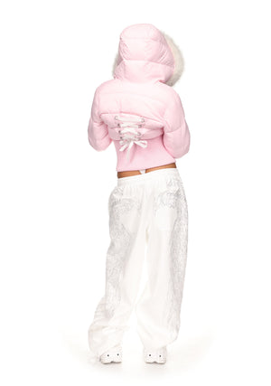 FALLEN FAUX FUR REVERSIBLE RIB PUFFER JACKET BABY PINK AND WHITE