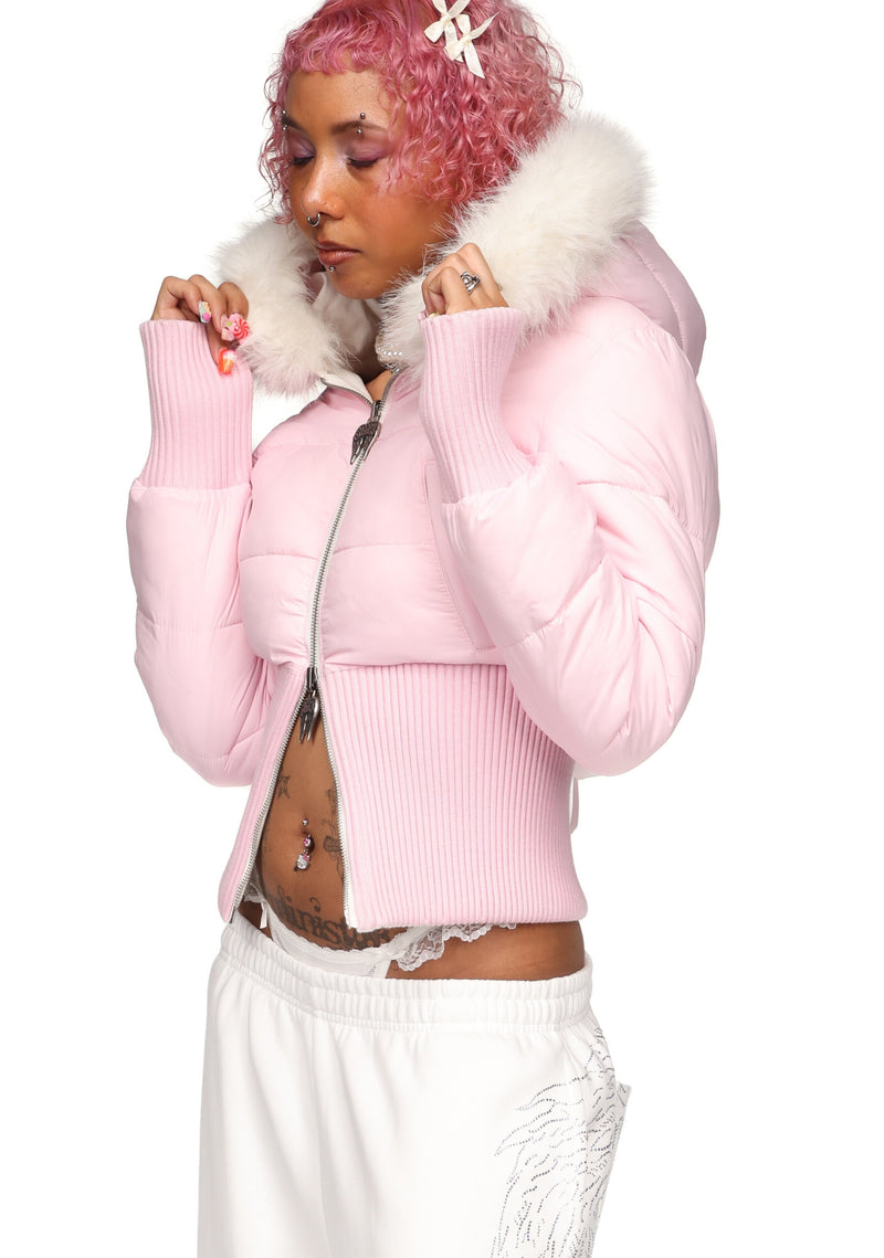 FALLEN FAUX FUR REVERSIBLE RIB PUFFER JACKET BABY PINK AND WHITE