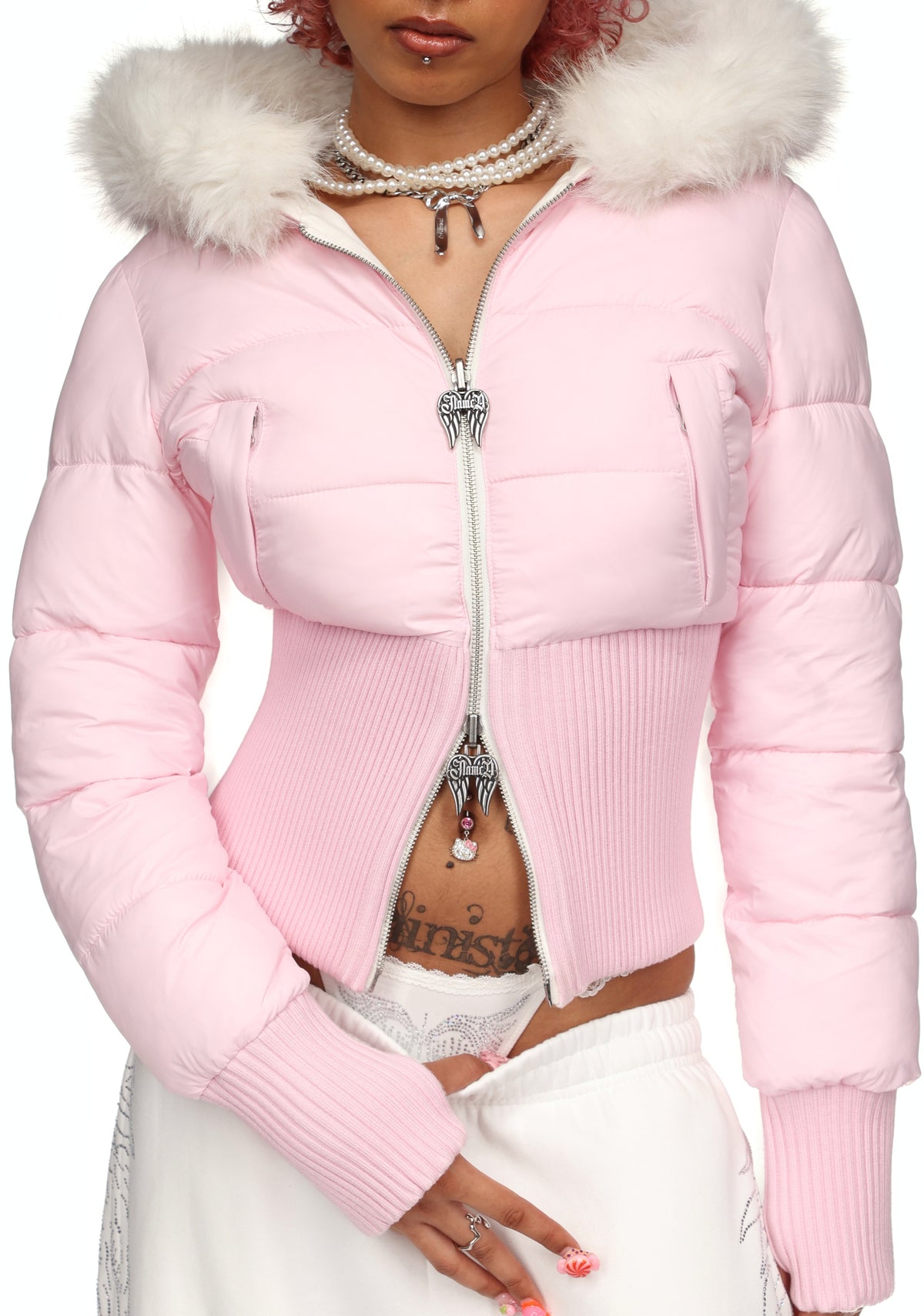 FALLEN FAUX FUR REVERSIBLE RIB PUFFER JACKET BABY PINK AND WHITE