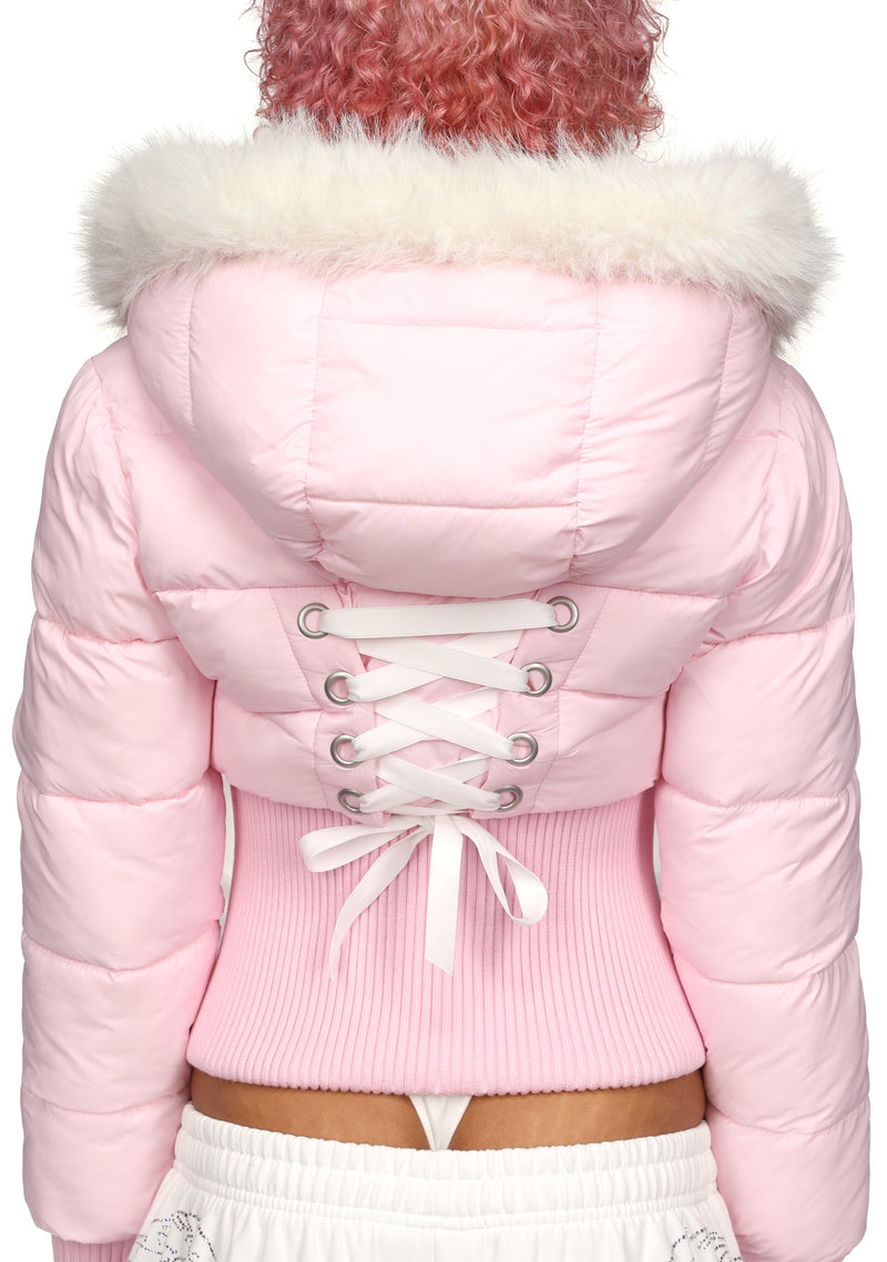 FALLEN FAUX FUR REVERSIBLE RIB PUFFER JACKET BABY PINK AND WHITE