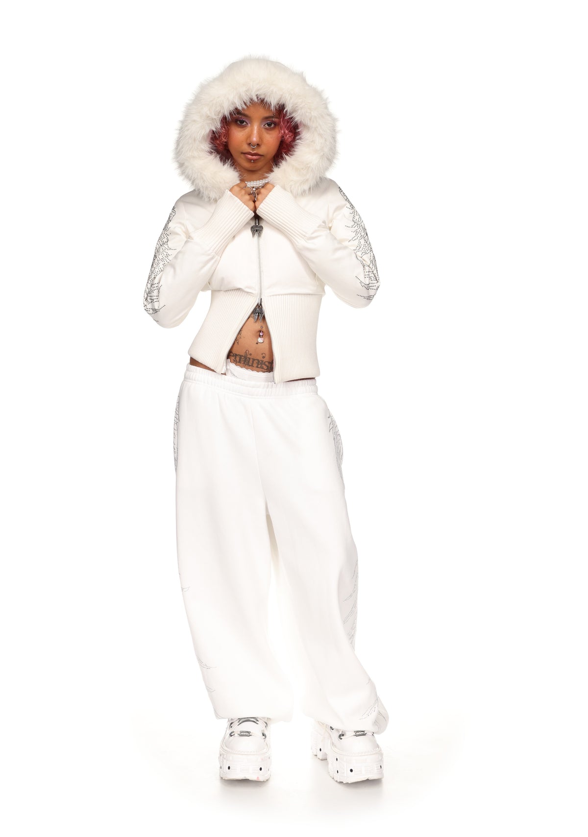 FALLEN FAUX FUR REVERSIBLE RIB PUFFER JACKET BABY PINK AND WHITE