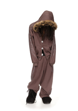 FALLEN FAUX FUR RHINESTONE ZIP HOODIE BROWN (DETACHABLE FUR)