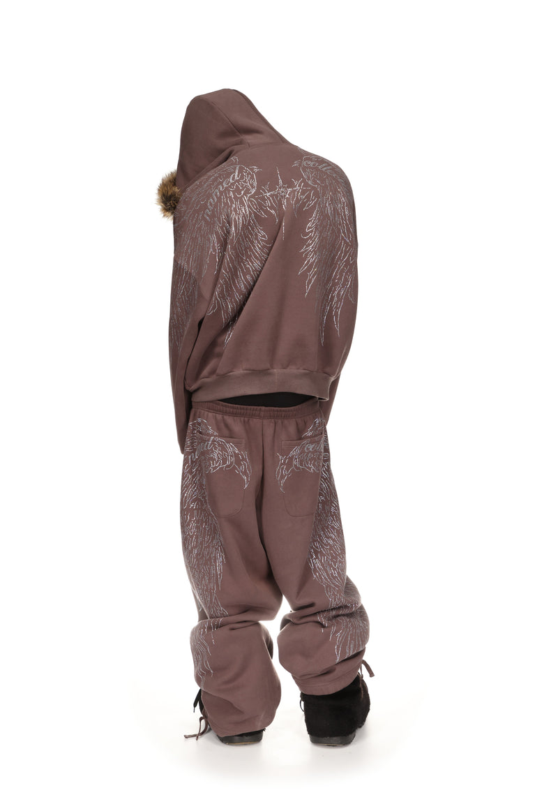 FALLEN FAUX FUR RHINESTONE ZIP HOODIE BROWN (DETACHABLE FUR)