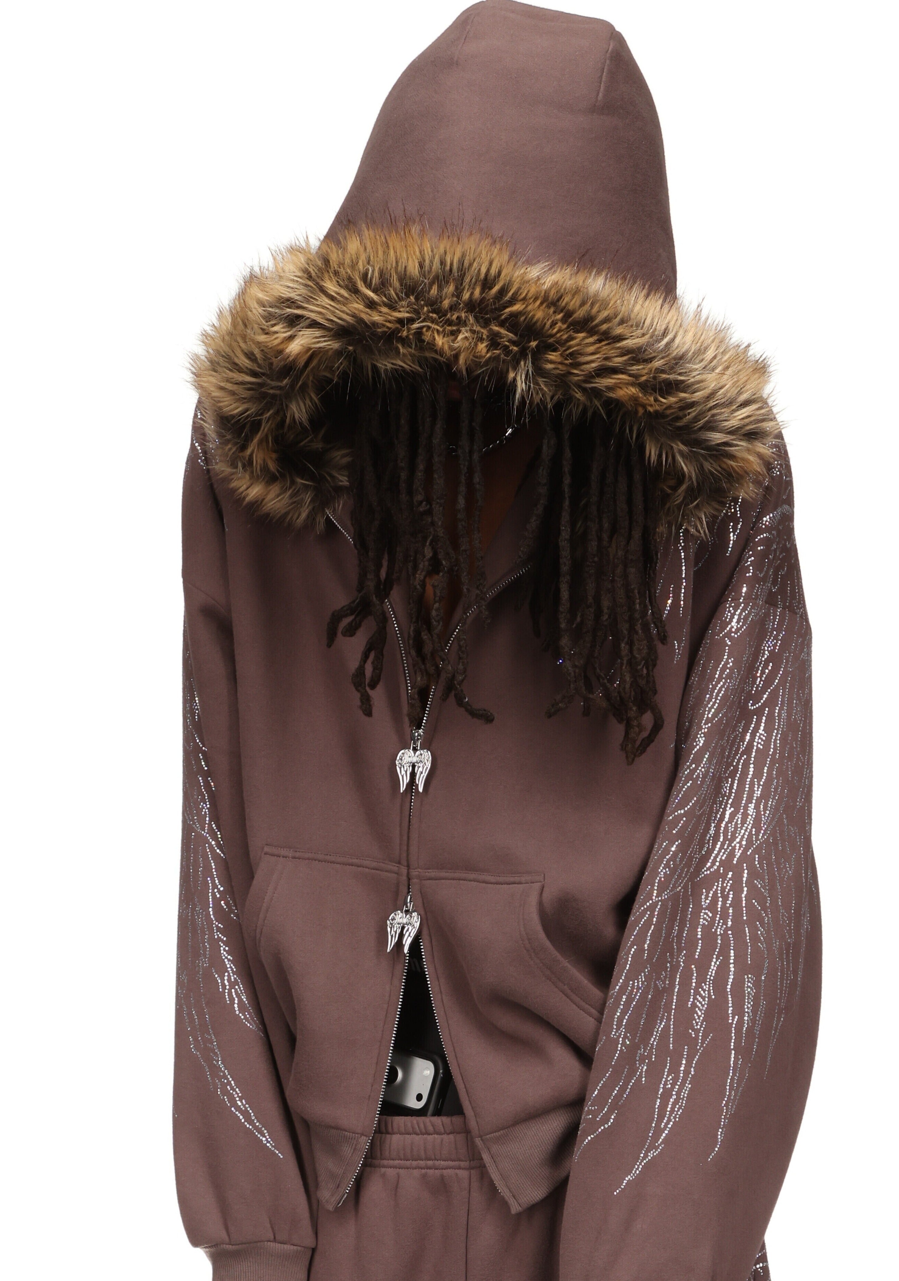 Fallen Faux Fur Rhinestone Zip Hoodie Brown Detachable Fur – NAMED