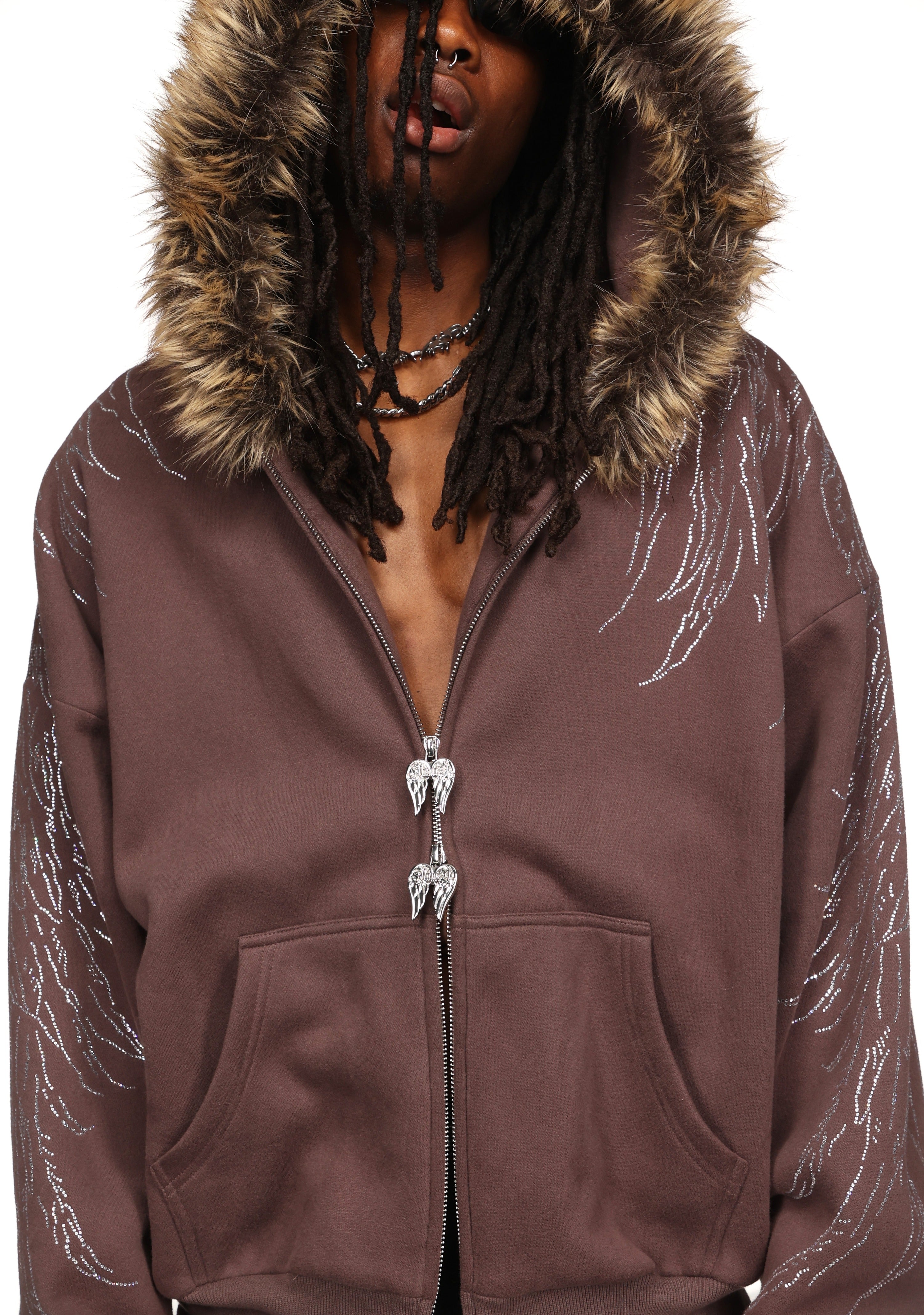Fallen Faux Fur Rhinestone Zip Hoodie Brown Detachable Fur – NAMED
