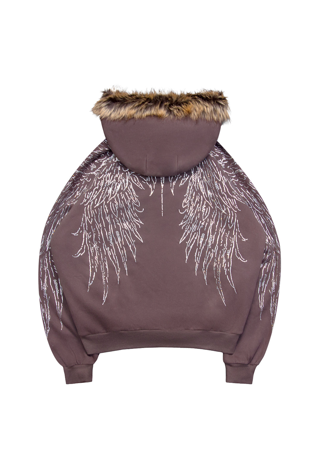 FALLEN FAUX FUR RHINESTONE ZIP HOODIE BROWN (DETACHABLE FUR)