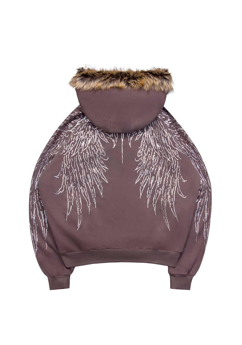 FALLEN FAUX FUR RHINESTONE ZIP HOODIE BROWN (DETACHABLE FUR)