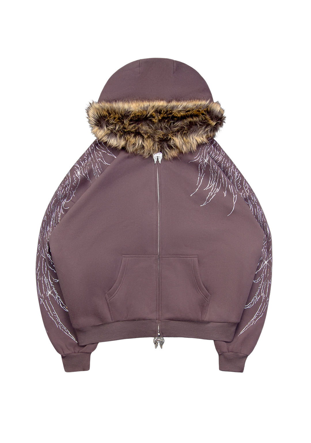 FALLEN FAUX FUR RHINESTONE ZIP HOODIE BROWN (DETACHABLE FUR)