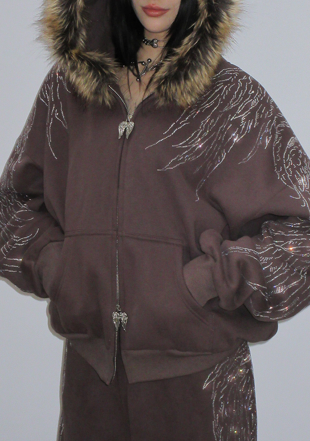 FALLEN FAUX FUR RHINESTONE ZIP HOODIE BROWN (DETACHABLE FUR)