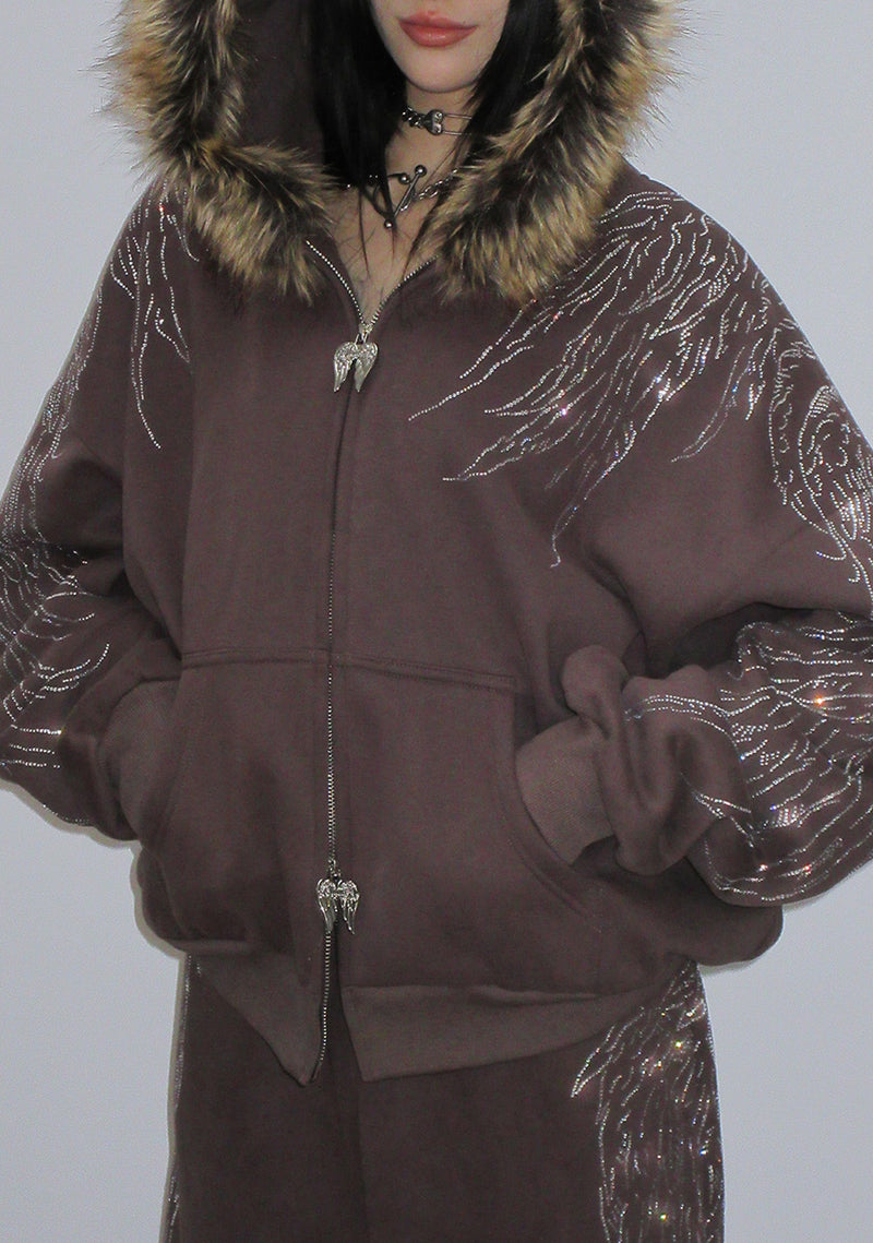 FALLEN FAUX FUR RHINESTONE ZIP HOODIE BROWN (DETACHABLE FUR)