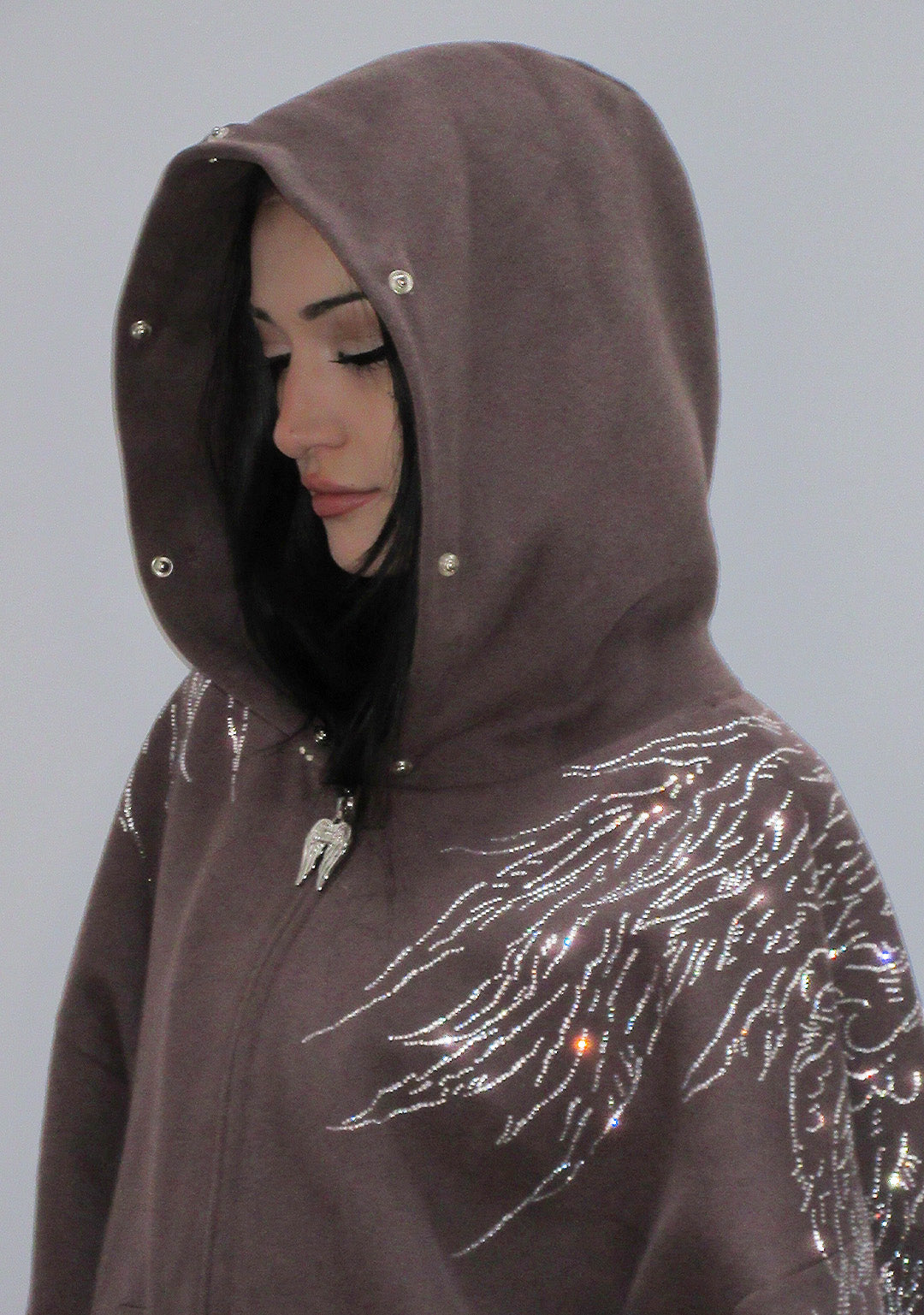 FALLEN FAUX FUR RHINESTONE ZIP HOODIE BROWN (DETACHABLE FUR)