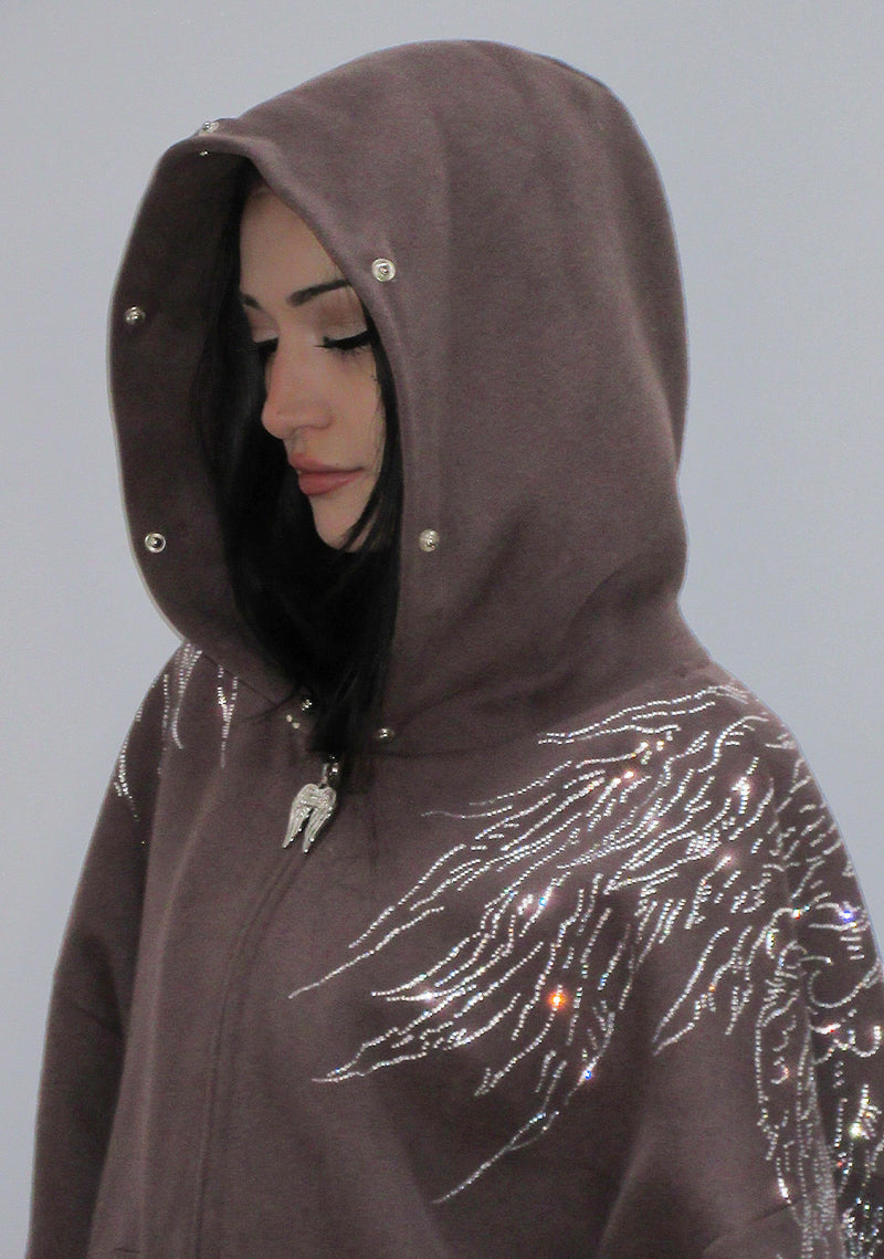 FALLEN FAUX FUR RHINESTONE ZIP HOODIE BROWN (DETACHABLE FUR)