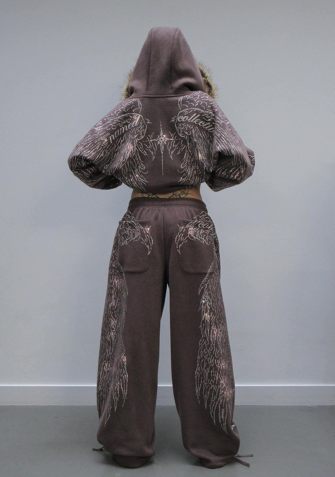 FALLEN FAUX FUR RHINESTONE ZIP HOODIE BROWN (DETACHABLE FUR)
