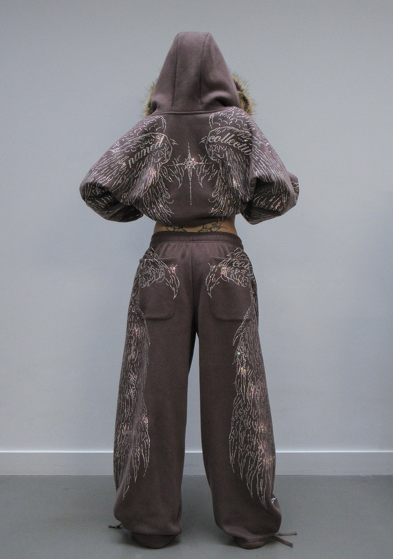 FALLEN FAUX FUR RHINESTONE ZIP HOODIE BROWN (DETACHABLE FUR)
