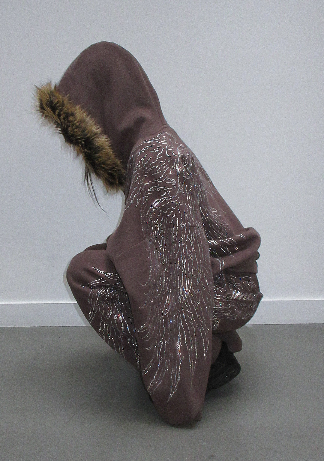 FALLEN FAUX FUR RHINESTONE ZIP HOODIE BROWN (DETACHABLE FUR)