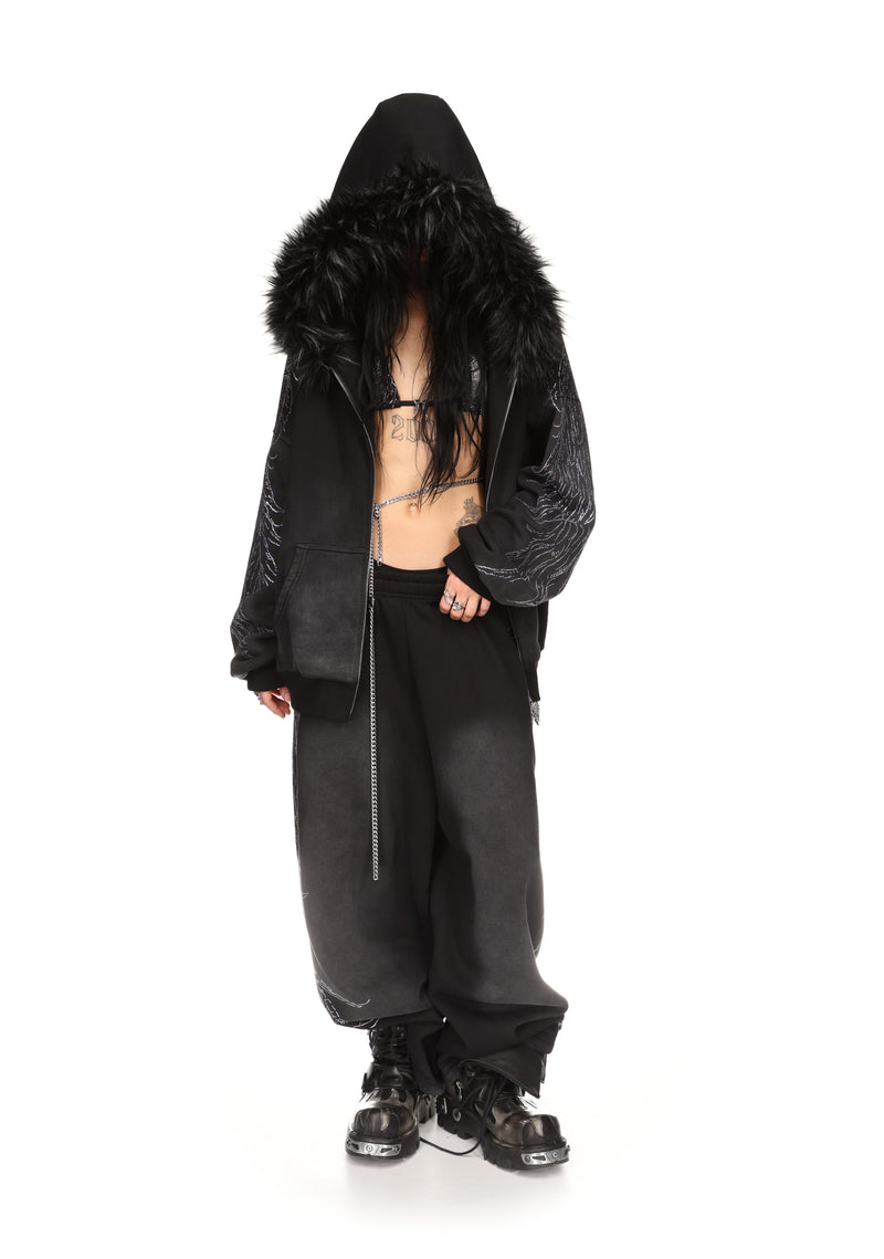 FALLEN FAUX FUR RHINESTONE ZIP HOODIE WASHED BLACK (DETACHABLE FUR)