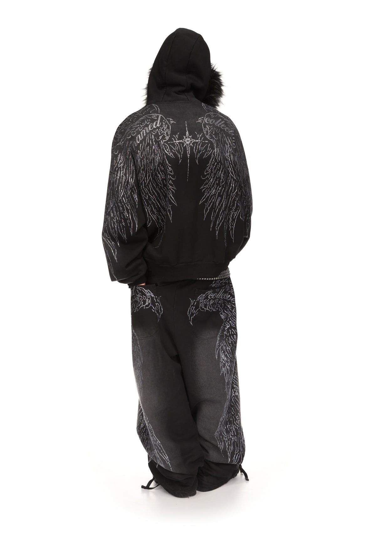 FALLEN FAUX FUR RHINESTONE ZIP HOODIE WASHED BLACK (DETACHABLE FUR)